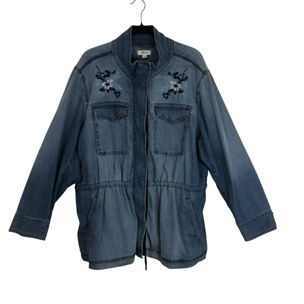 Style & Co Denim Jacket Embroidered  3X Long Sleeve Pockets & Drawstring Waist